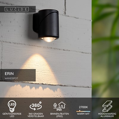 Lucide ERIN - Wandspot / Wandlamp Binnen/Buiten - LED - 1x5W 2700K - IP65 - Zwart